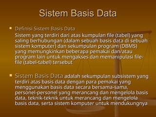 Sistem Basis Data
Sistem Basis Data
 Definisi Sistem Basis Data
Definisi Sistem Basis Data
Sistem yang terdiri dari atas kumpulan file (tabel) yang
Sistem yang terdiri dari atas kumpulan file (tabel) yang
saling berhubungan (dalam sebuah basis data di sebuah
saling berhubungan (dalam sebuah basis data di sebuah
sistem komputer) dan sekumpulan program (DBMS)
sistem komputer) dan sekumpulan program (DBMS)
yang memungkinkan beberapa pemakai dan/atau
yang memungkinkan beberapa pemakai dan/atau
program lain untuk mengakses dan memanipulasi file-
program lain untuk mengakses dan memanipulasi file-
file (tabel-tabel) tersebut
file (tabel-tabel) tersebut
 Sistem Basis Data
Sistem Basis Data adalah sekumpulan subsistem yang
adalah sekumpulan subsistem yang
terdiri atas basis data dengan para pemakai yang
terdiri atas basis data dengan para pemakai yang
menggunakan basis data secara bersama-sama,
menggunakan basis data secara bersama-sama,
personel-personel yang merancang dan mengelola basis
personel-personel yang merancang dan mengelola basis
data, teknik-teknik untuk merancang dan mengelola
data, teknik-teknik untuk merancang dan mengelola
basis data, serta sistem komputer untuk mendukungnya
basis data, serta sistem komputer untuk mendukungnya
 