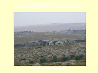The Bedouin people were tribal and nomadic
Some had settled down into towns and engaged in trading.




            Present day Bedouin homes
 