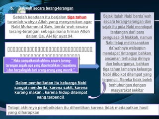 b.     Dakwah secara terang-terangan
    Setelah keadaan itu berjalan tiga tahun             Sejak itulah Nabi berda`wah
                                                         Sejak itulah Nabi berda`wah
 turunlah wahyu Allah yang menyerukan agar              secara terang-terangan dan
                                                         secara terang-terangan dan
   Nabi Muhammad Saw. berda`wah secara                 sejak itu pula Nabi mendapat
                                                        sejak itu pula Nabi mendapat
  terang-terangan sebagaimana firman Alloh                  tentangan dari para
                                                             tentangan dari para
           dalam Qs. Al-Hijr ayat 94                   penguasa di Makkah, namun
                                                        penguasa di Makkah, namun
                                                         Nabi tetap melaksanakan
                                                          Nabi tetap melaksanakan
                            da`wahnya walaupun
                                                            da`wahnya walaupun
                                                       mendapat rintangan bahkan
                                                        mendapat rintangan bahkan
                                   ancaman terhadap dirinya
                                                          ancaman terhadap dirinya
     ““Maka sampaikanlah olehmu secara terang-
        Maka sampaikanlah olehmu secara terang-
terangan segala apa yang diperintahkan ((kepadamu
 terangan segala apa yang diperintahkan kepadamu         dan keluarganya, bahkan
                                                          dan keluarganya, bahkan
 ))dan berpalinglah dari orang-orang yang musrik “.
    dan berpalinglah dari orang-orang yang musrik “.   tiga tahun lamanya keluarga
                                                        tiga tahun lamanya keluarga
                                                       Nabi diboikot ditempat yang
                                                        Nabi diboikot ditempat yang
                                                       terpencil. Mereka tidak boleh
                                                        terpencil. Mereka tidak boleh
        Dalam pemboikotan itu keluarga Nabi
                                                           berhubungan dengan
                                                            berhubungan dengan
        sangat menderita, karena sakit, karena
        kurang makan , karena hidup ditempat                 masyarakat sekitar
                                                              masyarakat sekitar
                  yang terpencil

 Tetapi akhirnya pemboikotan itu dihentikan karena tidak medapatkan hasil
 yang diharapkan
 