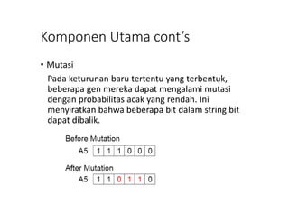 Komponen Utama cont’s
• Mutasi
Pada keturunan baru tertentu yang terbentuk,
beberapa gen mereka dapat mengalami mutasi
dengan probabilitas acak yang rendah. Ini
menyiratkan bahwa beberapa bit dalam string bit
dapat dibalik.
 