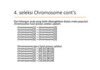 4. seleksi Chromosome cont’s
Dari bilangan acak yang telah dibangkitkan diatas maka populasi
chromosome hasil proses seleksi adalah:
chromosome[1] = chromosome[2]
chromosome[2] = chromosome[2]
chromosome[3] = chromosome[1]
chromosome[4] = chromosome[5]
chromosome[5] = chromosome[2]
chromosome[6] = chromosome[3]
Chromosome baru hasil proses seleksi:
chromosome[1] = [02;01;08;03]
chromosome[2] = [02;01;08;03]
chromosome[3] = [12;05;03;07]
chromosome[4] = [01;04;03;07]
chromosome[5] = [02;01;08;03]
chromosome[6] = [10;04;03;04]
 