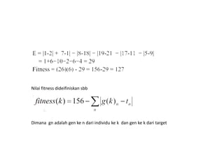 Nilai fitness dideifiniskan sbb
Dimana gn adalah gen ke n dari individu ke k dan gen ke k dari target
 