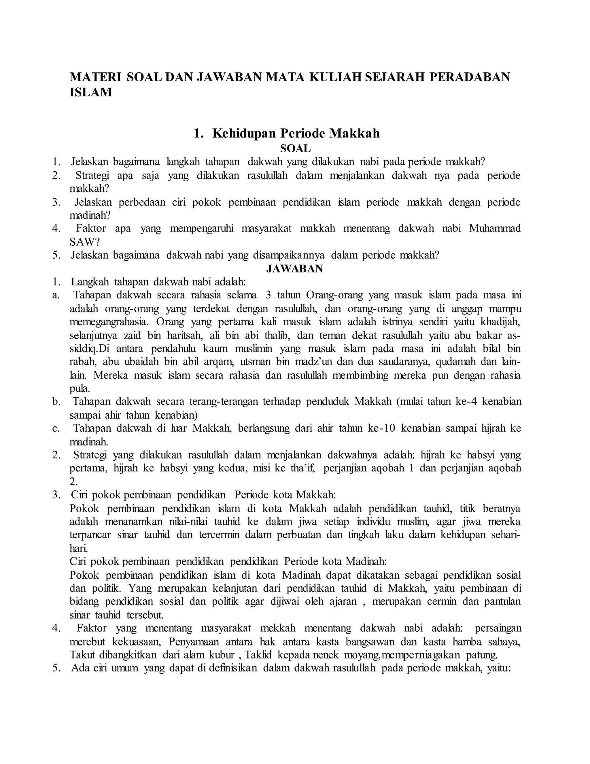Materi soal dan jawaban mata kuliah sejarah peradaban islam | DOCX