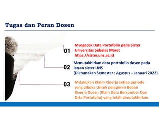 Tugas dan Peran Dosen
Mengecek Data Portofolio pada Sister
Universitas Sebelas Maret
https://sister.uns.ac.id
Memutakhirkan data portofolio dosen pada
laman sister UNS
(Diutamakan Semester : Agustus – Januari 2022)
Melakukan Klaim Kinerja setiap periode
yang dibuka Untuk pelaporan Beban
Kinerja Dosen (Klain Data Bersumber Dari
Data Portofolio) yang telah dimutakhirkan
 