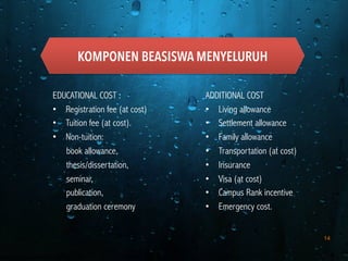 14
KOMPONEN BEASISWA MENYELURUH
EDUCATIONAL COST :
•  Registration fee (at cost)
•  Tuition fee (at cost).
•  Non-tuition:
book allowance,
thesis/dissertation,
seminar,
publication,
graduation ceremony
ADDITIONAL COST
•  Living allowance
•  Settlement allowance
•  Family allowance
•  Transportation (at cost)
•  Insurance
•  Visa (at cost)
•  Campus Rank incentive
•  Emergency cost.
 