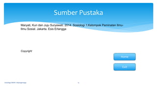 Sumber Pustaka
Sosiologi SMAN 1 Bojongmangu 15
Maryati, Kun dan Juju Suryawati. 2014. Sosiologi 1:Kelompok Peminatan Ilmu-
Ilmu Sosial. Jakarta. Esis Erlangga
Copyright
Home
Exit
 