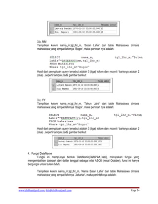 3.b. MM
               Tampilkan kolom nama_m,tgl_lhr_m, ’Bulan Lahir’ dari table Mahasiswa dimana
               mahasiswa yang tempat lahirnya ’Bogor’, maka perintah nya adalah:




               Hasil dari pernyataan query tersebut adalah 3 (tiga) kolom dan record / barisnya adalah 2
               (dua) , seperti tampak pada gambar berikut:




               3.c. YY
               Tampilkan kolom nama_m,tgl_lhr_m, ’Tahun Lahir’ dari table Mahasiswa dimana
               mahasiswa yang tempat lahirnya ’Bogor’, maka perintah nya adalah:




               Hasil dari pernyataan query tersebut adalah 3 (tiga) kolom dan record / barisnya adalah 2
               (dua) , seperti tampak pada gambar berikut:




       4. Fungsi DateName
              Fungsi ini mempunyai bentuk DateName(DatePart,Date), merupakan fungsi yang
       mengembalikan datepart dari daftar tanggal sebagai nilai ASCII (misal October), funsi ini hanya
       bergungsi untuk bulan (MM).

               Tampilkan kolom nama_m,tgl_lhr_m, ’Nama Bulan Lahir’ dari table Mahasiswa dimana
               mahasiswa yang tempat lahirnya ’Jakartar’, maka perintah nya adalah:



www.didiksetiyadi.com, dds@didiksetiyadi.com                                                    Page 34
 