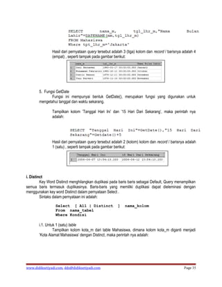 Hasil dari pernyataan query tersebut adalah 3 (tiga) kolom dan record / barisnya adalah 4
               (empat) , seperti tampak pada gambar berikut:




       5. Fungsi GetDate
              Fungsi ini mempunyai bentuk GetDate(), merupakan fungsi yang digunakan untuk
       mengetahui tanggal dan waktu sekarang.

               Tampilkan kolom ’Tanggal Hari Ini’ dan ’15 Hari Dari Sekarang’, maka perintah nya
               adalah:




               Hasil dari pernyataan query tersebut adalah 2 (kolom) kolom dan record / barisnya adalah
               1 (satu) , seperti tampak pada gambar berikut:




i. Distinct
         Key Word Distinct menghilangkan duplikasi pada baris baris sebagai Default, Query menampilkan
semua baris termasuk duplikasinya. Baris-baris yang memiliki duplikasi dapat dieleminasi dengan
menggunakan key word Distinct dalam pernyataan Select .
         Sintaks dalam pernyataan ini adalah:

                 Select [ All | Distinct               ]    nama_kolom
                 From nama_tabel
                 Where Kondisi

       i.1. Untuk 1 (satu) table
                Tampilkan kolom kota_m dari table Mahasiswa, dimana kolom kota_m diganti menjadi
       ’Kota Alamat Mahasiswa’ dengan Distinct, maka perintah nya adalah:




www.didiksetiyadi.com, dds@didiksetiyadi.com                                                    Page 35
 