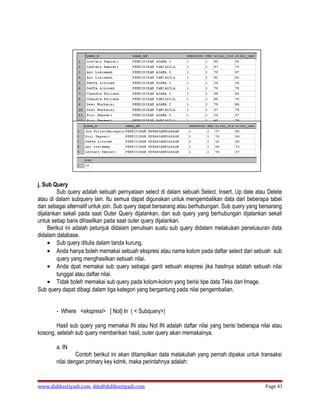 j. Sub Query
         Sub query adalah sebuah pernyataan select di dalam sebuah Select, Insert, Up date atau Delete
atau di dalam subquery lain. Itu semua dapat digunakan untuk mengembalikan data dari beberapa tabel
dan sebagai alternatif untuk join. Sub query dapat bersarang atau berhubungan. Sub query yang bersarang
dijalankan sekali pada saat Outer Query dijalankan, dan sub query yang berhubungan dijalankan sekali
untuk setiap baris dihasilkan pada saat outer query dijalankan.
     Berikut ini adalah petunjuk didalam penulisan suatu sub query didalam melakukan penelusuran data
didalam database.
     • Sub query ditulis dalam tanda kurung.
     • Anda hanya boleh memakai sebuah ekspresi atau nama kolom pada daftar select dari sebuah sub
         query yang menghasilkan sebuah nilai.
     • Anda dpat memakai sub query sebagai ganti sebuah ekspresi jika hasilnya adalah sebuah nilai
         tunggal atau daftar nilai.
     • Tidak boleh memakai sub query pada kolom-kolom yang berisi tipe data Teks dan Image.
Sub query dapat dibagi dalam tiga kategori yang bergantung pada nilai pengembalian.


       - Where <ekspresi> [ Not] In ( < Subquery>)

        Hasil sub query yang memakai IN atau Not IN adalah daftar nilai yang berisi beberapa nilai atau
kosong, setelah sub query memberikan hasil, outer query akan memakainya.

       a. IN
                Contoh berikut ini akan ditampilkan data matakuliah yang pernah dipakai untuk transaksi
       nilai dengan primary key kdmk, maka perintahnya adalah:


www.didiksetiyadi.com, dds@didiksetiyadi.com                                                    Page 43
 