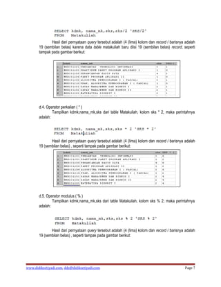 Hasil dari pernyataan query tersebut adalah (4 (lima) kolom dan record / barisnya adalah
       19 (sembilan belas) karena data table matakuliah baru diisi 19 (sembilan belas) record, seperti
       tampak pada gambar berikut:




       d.4. Operator perkalian ( * )
               Tampilkan kdmk,nama_mk,sks dari table Matakuliah, kolom sks * 2, maka perintahnya
       adalah:




              Hasil dari pernyataan query tersebut adalah (4 (lima) kolom dan record / barisnya adalah
       19 (sembilan belas) , seperti tampak pada gambar berikut:




       d.5. Operator modulus ( % )
               Tampilkan kdmk,nama_mk,sks dari table Matakuliah, kolom sks % 2, maka perintahnya
       adalah:




              Hasil dari pernyataan query tersebut adalah (4 (lima) kolom dan record / barisnya adalah
       19 (sembilan belas) , seperti tampak pada gambar berikut:




www.didiksetiyadi.com, dds@didiksetiyadi.com                                                   Page 7
 