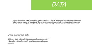DATA
Tugas peneliti adalah mendapatkan data untuk ‘mengisi’ variabel penelitian
Data akan sangat bergantung dari definisi operasional variabel penelitian
2 cara memperoleh data:
Primer: data diperoleh langsung dengan sumber
Skunder: data diperoleh tidak langsung dengan
sumber
 