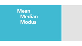 Mean
Median
Modus
 