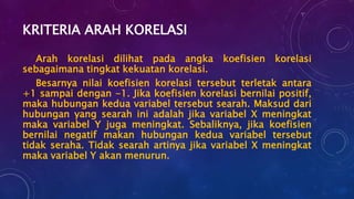 KRITERIA ARAH KORELASI
Arah korelasi dilihat pada angka koefisien korelasi
sebagaimana tingkat kekuatan korelasi.
Besarnya nilai koefisien korelasi tersebut terletak antara
+1 sampai dengan -1. Jika koefisien korelasi bernilai positif,
maka hubungan kedua variabel tersebut searah. Maksud dari
hubungan yang searah ini adalah jika variabel X meningkat
maka variabel Y juga meningkat. Sebaliknya, jika koefisien
bernilai negatif makan hubungan kedua variabel tersebut
tidak seraha. Tidak searah artinya jika variabel X meningkat
maka variabel Y akan menurun.
 