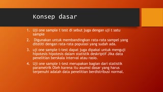 Konsep dasar
1. Uji one sample t test di sebut juga dengan uji t satu
sample
2. Digunakan untuk membandingkan rata-rata sampel yang
diteliti dengan rata-rata populasi yang sudah ada.
3. uji one sample t-test dapat juga dipakai untuk menguji
hipotesis hipotesis dalam statistik deskriptif Jika data
penelitian berskala interval atau rasio.
4. Uji one sample t-test merupakan bagian dari statistik
parametrik Oleh karena itu asumsi dasar yang harus
terpenuhi adalah data penelitian berdistribusi normal.
 