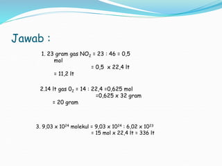 Jawab :
3. 9,03 x 1024 molekul = 9,03 x 1024 : 6,02 x 1023
= 15 mol x 22,4 lt = 336 lt
1. 23 gram gas NO2 = 23 : 46 = 0,5
mol
= 0,5 x 22,4 lt
= 11,2 lt
2.14 lt gas 02 = 14 : 22,4 =0,625 mol
=0,625 x 32 gram
= 20 gram
 