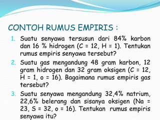 CONTOH RUMUS EMPIRIS :
1. Suatu senyawa tersusun dari 84% karbon
dan 16 % hidrogen (C = 12, H = 1). Tentukan
rumus empiris senyawa tersebut?
2. Suatu gas mengandung 48 gram karbon, 12
gram hidrogen dan 32 gram oksigen (C = 12,
H = 1, o = 16). Bagaimana rumus empiris gas
tersebut?
3. Suatu senyawa mengandung 32,4% natrium,
22,6% belerang dan sisanya oksigen (Na =
23, S = 32, o = 16). Tentukan rumus empiris
senyawa itu?
 