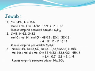 Jawab :
1. C = 84% , H = 16%
mol C : mol H = 84/12 : 16/1 = 7 : 16
Rumus empiris senyawa adalah : C7H16
2. C=48, H=12, O=32
mol C : mol H : mol O = 48/12 : 12/1 : 32/16
= 4 : 12 : 2 = 2 : 6 : 1
Rumus empiris gas adalah C2H6O
3. Na=32,4%, S=22,6%, O=100- (32,4+22,6) = 45%
mol Na : mol S : mol O = 32,4/23 : 22,6/32 : 45/16
= 1,4 : 0,7 : 2,8 = 2 :1 :4
Rumus empiris senyawa adalah Na2SO4
 