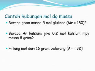 Contoh hubungan mol dg massa
 Berapa gram massa 5 mol glukosa (Mr = 180)?
 Berapa Ar kalsium jika 0,2 mol kalsium mpy
massa 8 gram?
 Hitung mol dari 16 gram belerang (Ar = 32)!
 