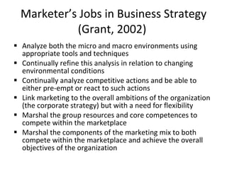 Marketer’s Jobs in Business Strategy (Grant, 2002)  Analyze both the micro and macro environments using appropriate tools and techniques Continually refine this analysis in relation to changing environmental conditions Continually analyze competitive actions and be able to either pre-empt or react to such actions Link marketing to the overall ambitions of the organization (the corporate strategy) but with a need for flexibility Marshal the group resources and core competences to compete within the marketplace Marshal the components of the marketing mix to both compete within the marketplace and achieve the overall objectives of the organization 