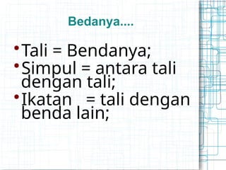 Bedanya....

Tali = Bendanya;

Simpul = antara tali
dengan tali;

Ikatan = tali dengan
benda lain;
 
