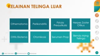 KELAINAN TELINGA LUAR
Othematoma Perikondritis
Fistula
Preaurikula
Herpes Zoster
Otikus
Otitis Eksterna Otomikosis Serumen Prop
Benda Asing
Telinga
14
 