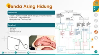 Benda Asing Hidung
Tata Laksana
•Lintah 🡪 matikan terlebih dahulu dengan larutan tembakau
•Graspable 🡪 alligator forcep
•Non-graspable 🡪 hook/suction
Komplikasi
•Epistaksis
•Sinusitis
•Perforasi septum
148
4
A
 