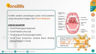 Tonsilitis
Tonsilitis adalah peradangan pada tonsil palatina
yang merupakan bagian dari Cincin Waldeyer
CINCIN WALDEYER
• Tonsil Pharyngeal (Adenoid)
• Tonsil Palatina (Faucial)
• Tonsil Lingual (Tonsil pangkal Lidah)
• Tonsil Tuba Eustachius (Lateral Band dinding
faring/Gerlach’s Tonsil)
163
• Dapat terjadi pada semua umur,
terutama anak-anak
• Hingga usia 6 tahun, tonsil
HIPERPLASTIK 🡪 akan mengecil
seiring usia
4
A
 