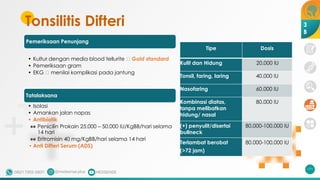 Tonsilitis Difteri
Pemeriksaan Penunjang
• Kultur dengan media blood tellurite 🡪 Gold standard
• Pemeriksaan gram
• EKG 🡪 menilai komplikasi pada jantung
Tatalaksana
• Isolasi
• Amankan jalan napas
• Antibiotik
•• Penicilin Prokain 25.000 – 50.000 IU/KgBB/hari selama
14 hari
•• Eritromisin 40 mg/KgBB/hari selama 14 hari
• Anti Difteri Serum (ADS)
171
Tipe Dosis
Kulit dan Hidung 20.000 IU
Tonsil, faring, laring 40.000 IU
Nasofaring 60.000 IU
Kombinasi diatas,
tanpa melibatkan
hidung/ nasal
80.000 IU
(+) penyulit/disertai
bullneck
80.000-100.000 IU
Terlambat berobat
(>72 jam)
80.000-100.000 IU
3
B
 