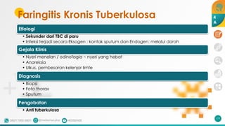 Faringitis Kronis Tuberkulosa
Etiologi
• Sekunder dari TBC di paru
• Infeksi terjadi secara Eksogen : kontak sputum dan Endogen: melalui darah
Gejala Klinis
• Nyeri menelan / odinofagia ~ nyeri yang hebat
• Anoreksia
• Ulkus, pembesaran kelenjar limfe
Diagnosis
• Biopsi
• Foto thorax
• Sputum
Pengobatan
• Anti tuberkulosa
179
4
A
 