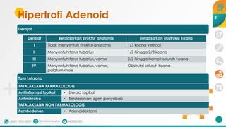 Hipertrofi Adenoid
Derajat
Tata Laksana
Derajat Berdasarkan struktur anatomis Berdasarkan obstruksi koana
I Tidak menyentuh struktur anatomis 1/3 koana vertical
II Menyentuh torus tubarius 1/3 hingga 2/3 koana
III Menyentuh torus tubarius, vomer 2/3 hingga hampir seluruh koana
IV Menyentuh torus tubarius, vomer,
palatum mole
Obstruksi seluruh koana
TATALAKSANA FARMAKOLOGIS
Antiinflamasi topikal • Steroid topikal
Antimikroba • Berdasarkan agen penyebab
TATALAKSANA NON FARMAKOLOGIS
Pembedahan • Adenoidektomi
2
 