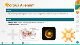Corpus Alienum
39
Definisi
• Sumbatan pada telinga luar karena benda asing baik benda mati maupun makhluk hidup
Etiologi
• Benda mati 🡪 manik, kacang hijau, kapas cotton bud
• Makhluk hidup 🡪 serangga
 