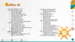 Daftar Isi
o Tes Pendengaran (4, 3)
o Kelainan Telinga Luar
o Othematoma (3B)
o Perikondritis (3B)
o Fistula Preaurikula (3A)
o Herpes Zoster Otikus (3A)
o Otitis Eksterna (4A)
o Otomikosis (4A)
o Cerumen Prop (4A)
o Keratosis obsturans
o Benda Asing pada Telinga (3A)
o Kelainan Telinga Tengah
o Otosklerosis (3A)
o Otitis Media Efusi (3A)
o Otitis Media Akut (4A)
o Otitis Media Supuratif Kronis (3A)
o Miringitis Bulosa (3A)
o Timpanosklerosis (2)
o Kelainan Telinga Dalam
o Presbiakusis (3A)
o Noise induced hearing loss (2)
o Trauma Akustik (3B)
o Gangguan Keseimbangan
o Motion sickness (4A)
o Meniere’s disease (3A)
o Labirinitis (2)
o Kelainan pada Hidung
o Rinitis (4A, 3A)
o Rinosinusitis (3A, 2)
o Epistaksis (4A)
o Polip nasi (2)
o Benda asing hidung (4A)
o Kelainan pada Tenggorokkan
o Tonsilitis (4A)
o Faringitis (4A)
o Laringitis (4A)
o Tumor Jinak Laring (2)
o Obstructive Sleep Apnea (1)
o Hipertrofi Adenoid (2)
o Tertelan benda asing (3B)
o Abses leher dalam (3A)
o Keganasan pada THT
o Karsinoma nasofaring (2)
o Angiofibroma nasofaring juvenile
o Karsinoma sinonasal
o Massa Leher Kongenital (2)
 