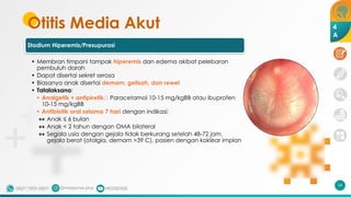 Otitis Media Akut
Stadium Hiperemis/Presupurasi
• Membran timpani tampak hiperemis dan edema akibat pelebaran
pembuluh darah
• Dapat disertai sekret serosa
• Biasanya anak disertai demam, gelisah, dan rewel
• Tatalaksana:
• Analgetik + antipiretik🡪 Paracetamol 10-15 mg/kgBB atau ibuprofen
10-15 mg/kgBB
• Antibiotik oral selama 7 hari dengan indikasi:
•• Anak ≤ 6 bulan
•• Anak < 2 tahun dengan OMA bilateral
•• Segala usia dengan gejala tidak berkurang setelah 48-72 jam,
gejala berat (otalgia, demam >39 C), pasien dengan koklear implan
54
4
A
 
