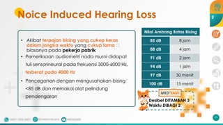 Noice Induced Hearing Loss
• Akibat terpajan bising yang cukup keras
dalam jangka waktu yang cukup lama 🡪
biasanya pada pekerja pabrik
• Pemeriksaan audiometri nada murni didapat
tuli sensorineural pada frekuensi 3000-6000 Hz,
terberat pada 4000 Hz
• Pencegahan dengan mengusahakan bising
<85 dB dan memakai alat pelindung
pendengaran
77
Nilai Ambang Batas Bising
85 dB 8 jam
88 dB 4 jam
91 dB 2 jam
94 dB 1 jam
97 dB 30 menit
100 dB 15 menit
Desibel DITAMBAH 3
Waktu DIBAGI 2
MED+
EASY
2
 
