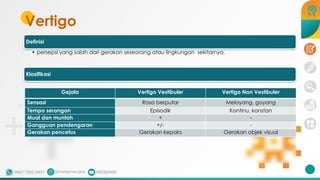 Vertigo
Definisi
• persepsi yang salah dari gerakan seseorang atau lingkungan sekitarnya.
Klasifikasi
Gejala Vertigo Vestibuler Vertigo Non Vestibuler
Sensasi Rasa berputar Melayang, goyang
Tempo serangan Episodik Kontinu, konstan
Mual dan muntah + -
Gangguan pendengaran +/- -
Gerakan pencetus Gerakan kepala Gerakan objek visual
 