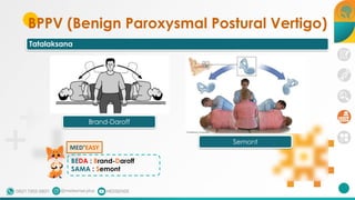 BPPV (Benign Paroxysmal Postural Vertigo)
Tatalaksana
Brand-Daroff
Semont
BEDA : Brand-Daroff
SAMA : Semont
MED+
EASY
 