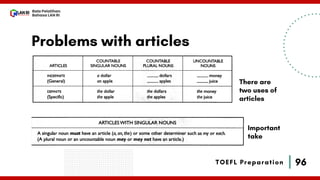 96
Bala Pelatihan
Bahasa LAN RI
TOEFL Preparation
Problems with articles
There are
two uses of
articles
Important
take
 