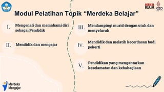 Modul Pelatihan Topik “Merdeka Belajar”
I. Mengenali dan memahami diri
sebagai Pendidik
III. Mendampingi murid dengan utuh dan
menyeluruh
II. Mendidik dan mengajar IV.
Mendidik dan melatih kecerdasan budi
pekerti
Pendidikan yang mengantarkan
V. keselamatan dan kebahagiaan
 