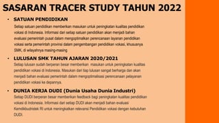 SASARAN TRACER STUDY TAHUN 2022
• LULUSAN SMK TAHUN AJARAN 2020/2021
• SATUAN PENDIDIKAN
Setiap satuan pendidikan memberikan masukan untuk peningkatan kualitas pendidikan
vokasi di Indonesia. Informasi dari setiap satuan pendidikan akan menjadi bahan
evaluasi pemerintah pusat dalam mengoptimalkan perencanaan layanan pendidikan
vokasi serta pemerintah provinsi dalam pengembangan pendidikan vokasi, khususnya
SMK, di wilayahnya masing-masing
Setiap lulusan sudah berperan besar memberikan masukan untuk peningkatan kualitas
pendidikan vokasi di Indonesia. Masukan dari tiap lulusan sangat berharga dan akan
menjadi bahan evaluasi pemerintah dalam mengoptimalisasi perencanaan pelayanan
pendidikan vokasi ke depannya.
• DUNIA KERJA DUDI (Dunia Usaha Dunia Industri)
Setiap DUDI berperan besar memberikan feedback bagi peningkatan kualitas pendidikan
vokasi di Indonesia. Informasi dari setiap DUDI akan menjadi bahan evaluasi
Kemdikbudristek RI untuk meningkatkan relevansi Pendidikan vokasi dengan kebutuhan
DUDI.
 