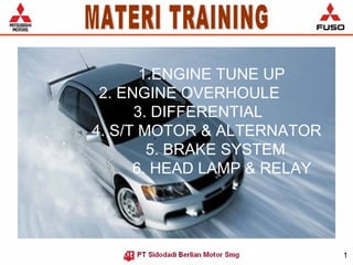 1.ENGINE TUNE UP
 2. ENGINE OVERHOULE
      3. DIFFERENTIAL
4. S/T MOTOR & ALTERNATOR
        5. BRAKE SYSTEM
      6. HEAD LAMP & RELAY




                             1
 