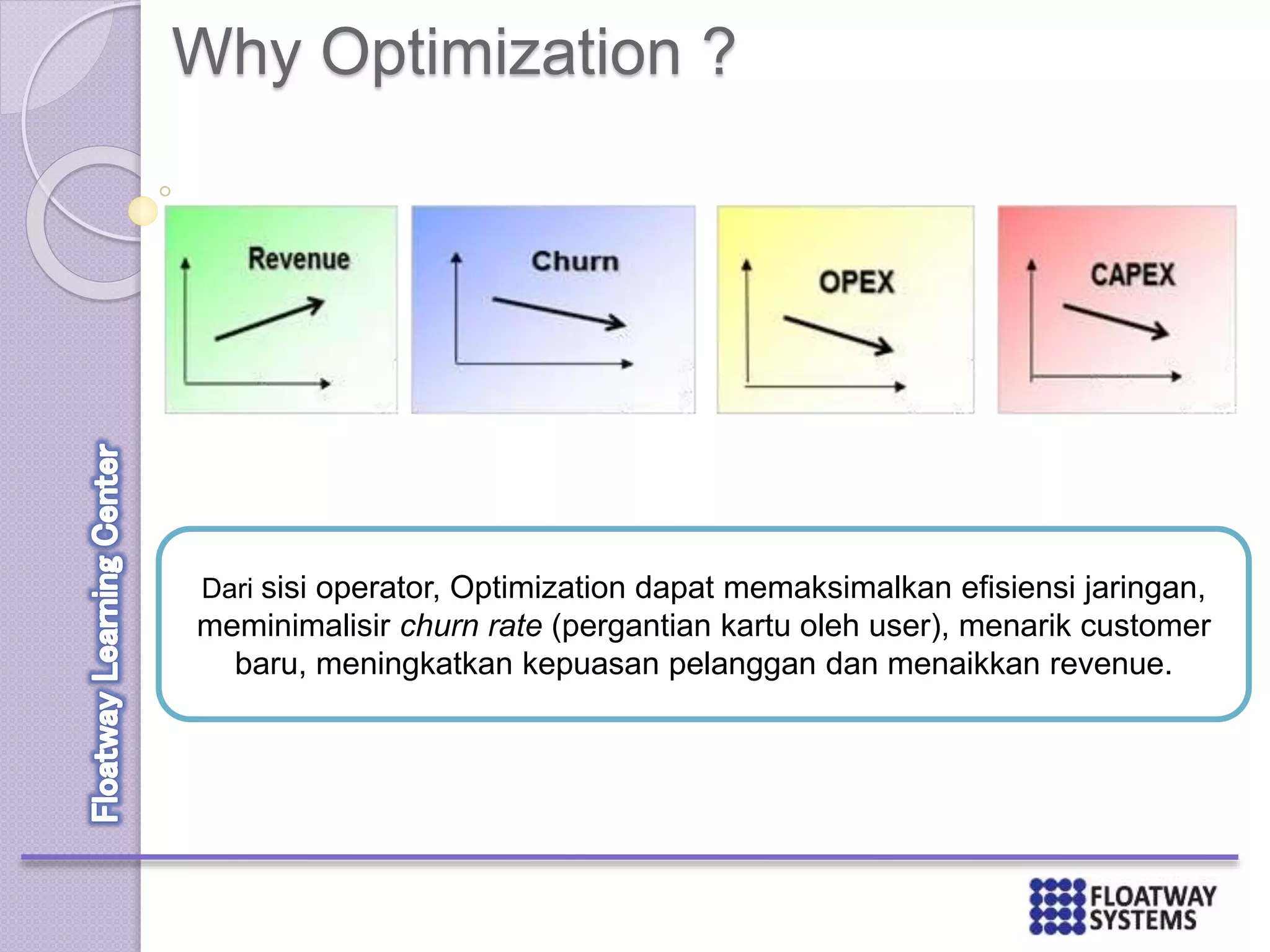 Why Optimization ?
Dari sisi operator, Optimization dapat memaksimalkan efisiensi jaringan,
meminimalisir churn rate (pergantian kartu oleh user), menarik customer
baru, meningkatkan kepuasan pelanggan dan menaikkan revenue.
 