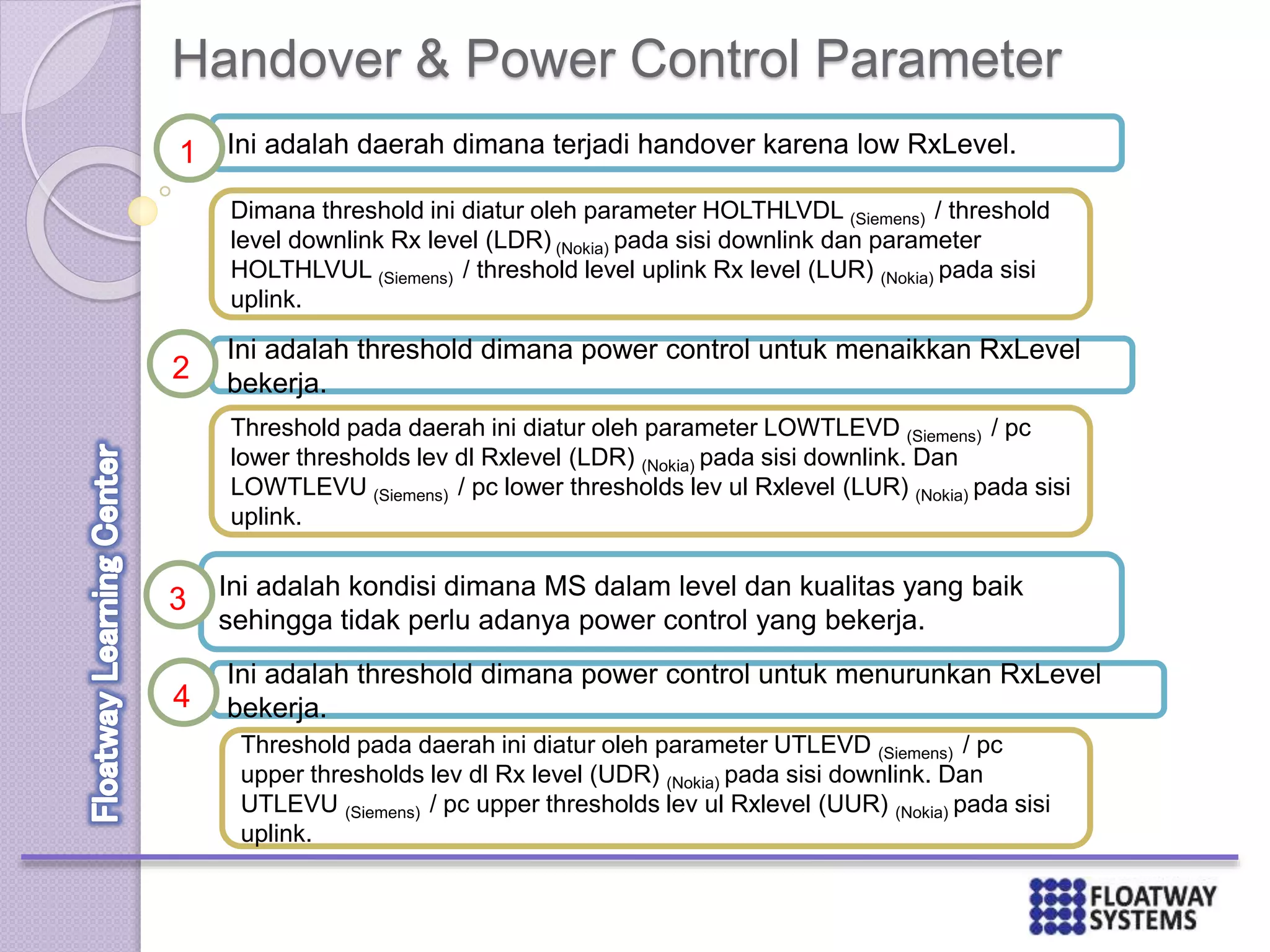 Handover & Power Control Parameter
Ini adalah daerah dimana terjadi handover karena low RxLevel.1
Dimana threshold ini diatur oleh parameter HOLTHLVDL (Siemens) / threshold
level downlink Rx level (LDR) (Nokia) pada sisi downlink dan parameter
HOLTHLVUL (Siemens) / threshold level uplink Rx level (LUR) (Nokia) pada sisi
uplink.
Ini adalah threshold dimana power control untuk menaikkan RxLevel
bekerja.2
Threshold pada daerah ini diatur oleh parameter LOWTLEVD (Siemens) / pc
lower thresholds lev dl Rxlevel (LDR) (Nokia) pada sisi downlink. Dan
LOWTLEVU (Siemens) / pc lower thresholds lev ul Rxlevel (LUR) (Nokia) pada sisi
uplink.
Ini adalah kondisi dimana MS dalam level dan kualitas yang baik
sehingga tidak perlu adanya power control yang bekerja.
3
Ini adalah threshold dimana power control untuk menurunkan RxLevel
bekerja.4
Threshold pada daerah ini diatur oleh parameter UTLEVD (Siemens) / pc
upper thresholds lev dl Rx level (UDR) (Nokia) pada sisi downlink. Dan
UTLEVU (Siemens) / pc upper thresholds lev ul Rxlevel (UUR) (Nokia) pada sisi
uplink.
 