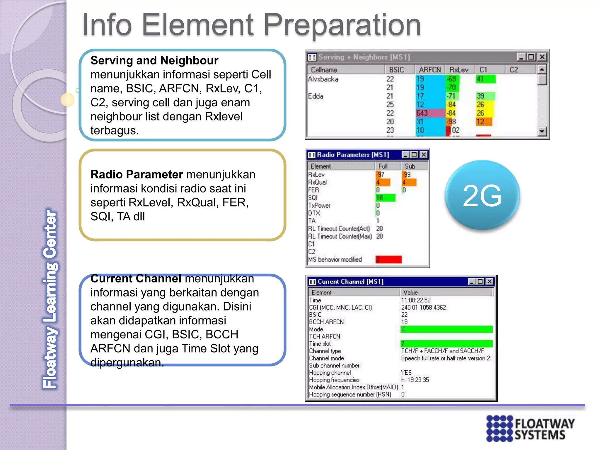 Info Element Preparation
Serving and Neighbour
menunjukkan informasi seperti Cell
name, BSIC, ARFCN, RxLev, C1,
C2, serving cell dan juga enam
neighbour list dengan Rxlevel
terbagus.
Radio Parameter menunjukkan
informasi kondisi radio saat ini
seperti RxLevel, RxQual, FER,
SQI, TA dll
Current Channel menunjukkan
informasi yang berkaitan dengan
channel yang digunakan. Disini
akan didapatkan informasi
mengenai CGI, BSIC, BCCH
ARFCN dan juga Time Slot yang
dipergunakan.
2G
 