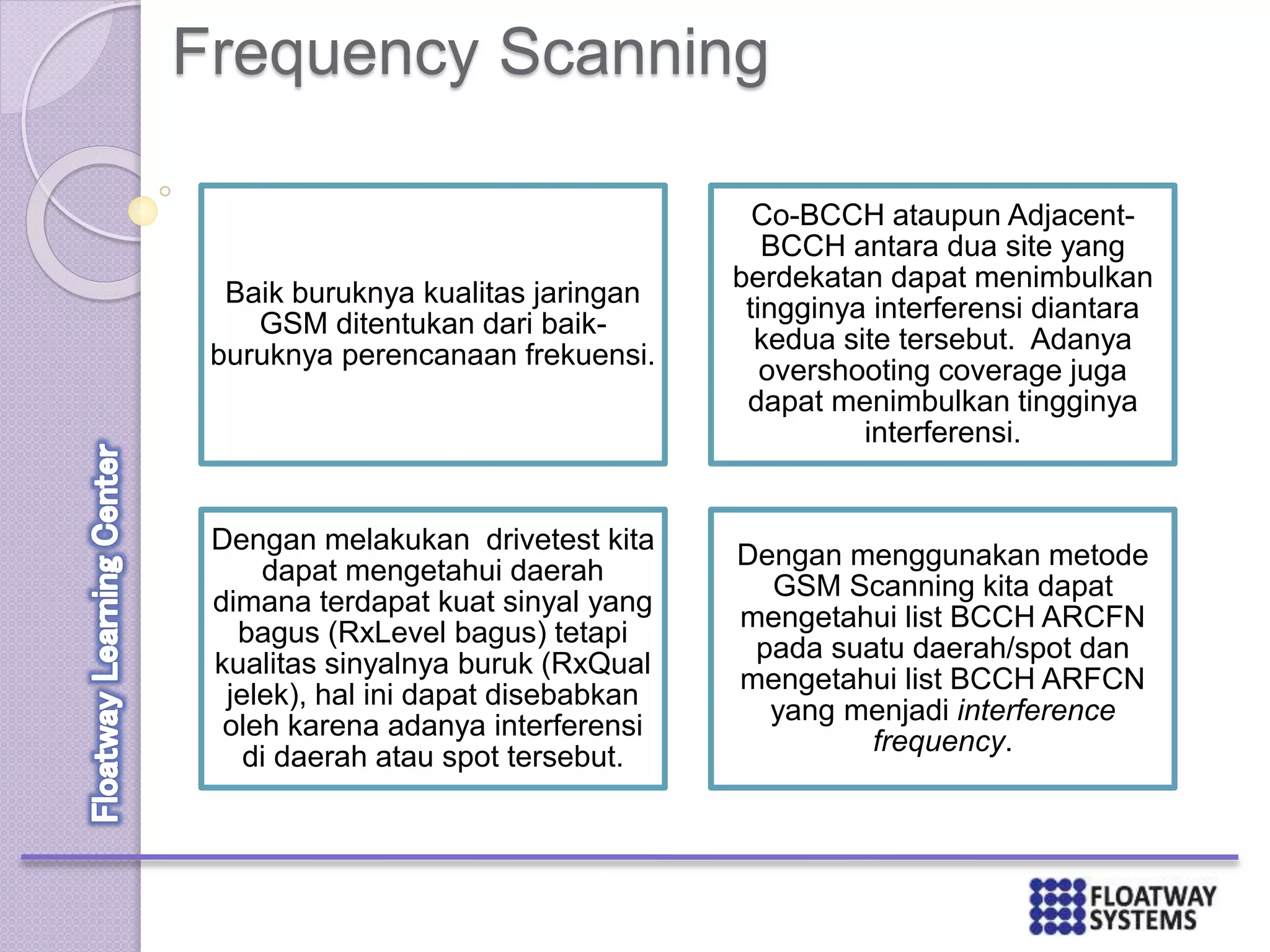 Frequency Scanning
Baik buruknya kualitas jaringan
GSM ditentukan dari baik-
buruknya perencanaan frekuensi.
Co-BCCH ataupun Adjacent-
BCCH antara dua site yang
berdekatan dapat menimbulkan
tingginya interferensi diantara
kedua site tersebut. Adanya
overshooting coverage juga
dapat menimbulkan tingginya
interferensi.
Dengan melakukan drivetest kita
dapat mengetahui daerah
dimana terdapat kuat sinyal yang
bagus (RxLevel bagus) tetapi
kualitas sinyalnya buruk (RxQual
jelek), hal ini dapat disebabkan
oleh karena adanya interferensi
di daerah atau spot tersebut.
Dengan menggunakan metode
GSM Scanning kita dapat
mengetahui list BCCH ARCFN
pada suatu daerah/spot dan
mengetahui list BCCH ARFCN
yang menjadi interference
frequency.
 