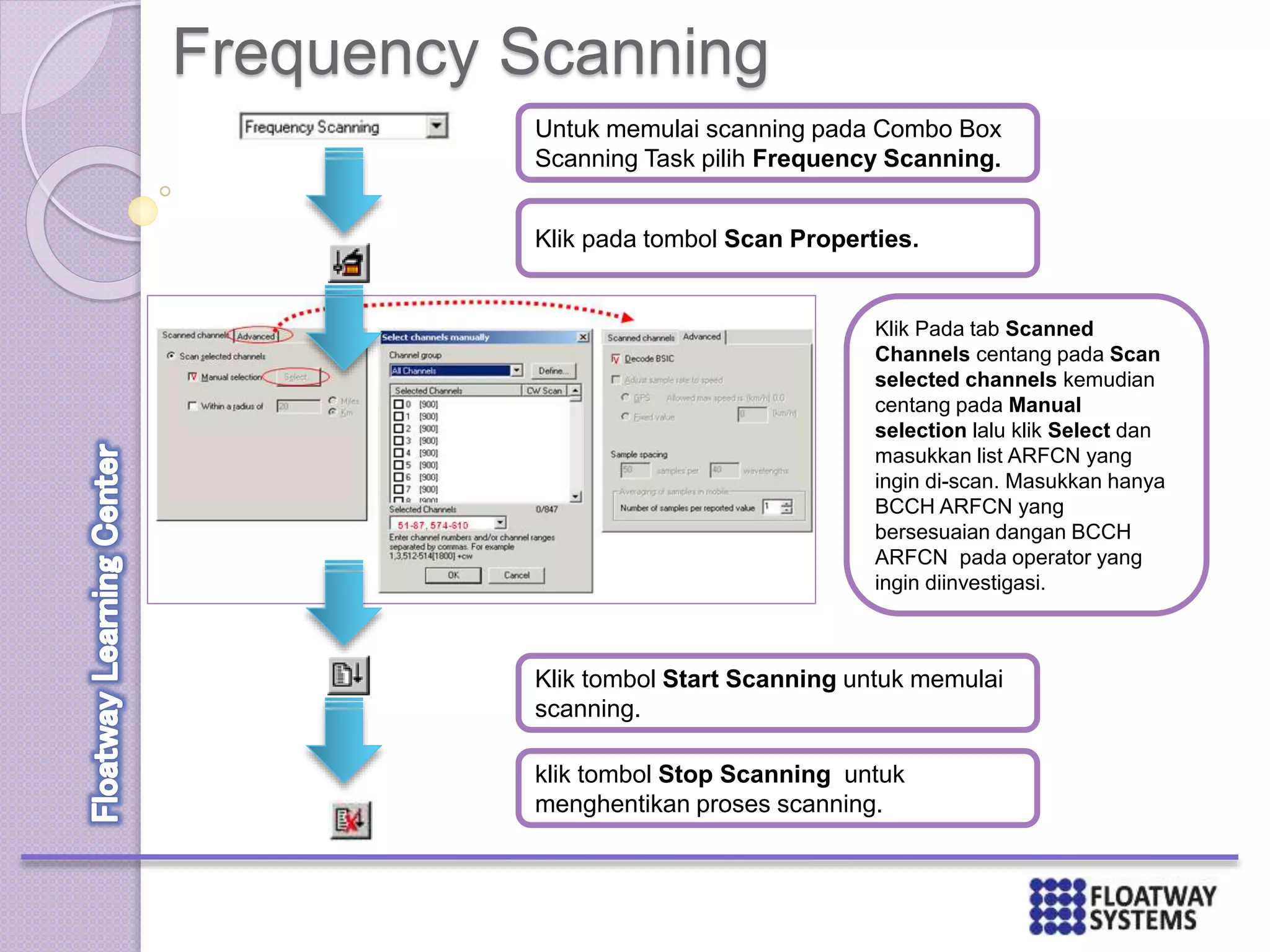 Frequency Scanning
Untuk memulai scanning pada Combo Box
Scanning Task pilih Frequency Scanning.
Klik pada tombol Scan Properties.
Klik Pada tab Scanned
Channels centang pada Scan
selected channels kemudian
centang pada Manual
selection lalu klik Select dan
masukkan list ARFCN yang
ingin di-scan. Masukkan hanya
BCCH ARFCN yang
bersesuaian dangan BCCH
ARFCN pada operator yang
ingin diinvestigasi.
Klik tombol Start Scanning untuk memulai
scanning.
klik tombol Stop Scanning untuk
menghentikan proses scanning.
 