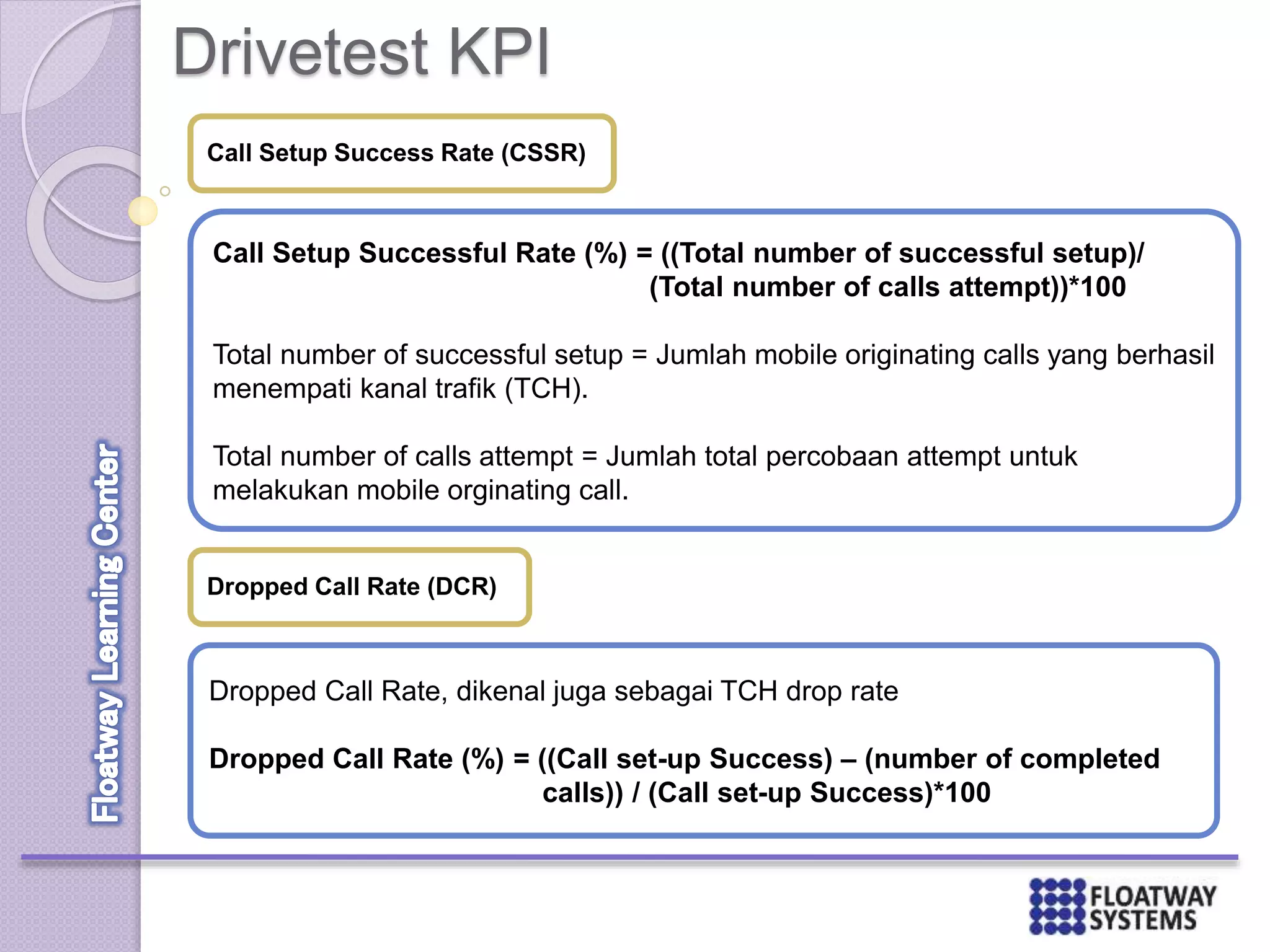 Drivetest KPI
Call Setup Success Rate (CSSR)
Call Setup Successful Rate (%) = ((Total number of successful setup)/
(Total number of calls attempt))*100
Total number of successful setup = Jumlah mobile originating calls yang berhasil
menempati kanal trafik (TCH).
Total number of calls attempt = Jumlah total percobaan attempt untuk
melakukan mobile orginating call.
Dropped Call Rate (DCR)
Dropped Call Rate, dikenal juga sebagai TCH drop rate
Dropped Call Rate (%) = ((Call set-up Success) – (number of completed
calls)) / (Call set-up Success)*100
 