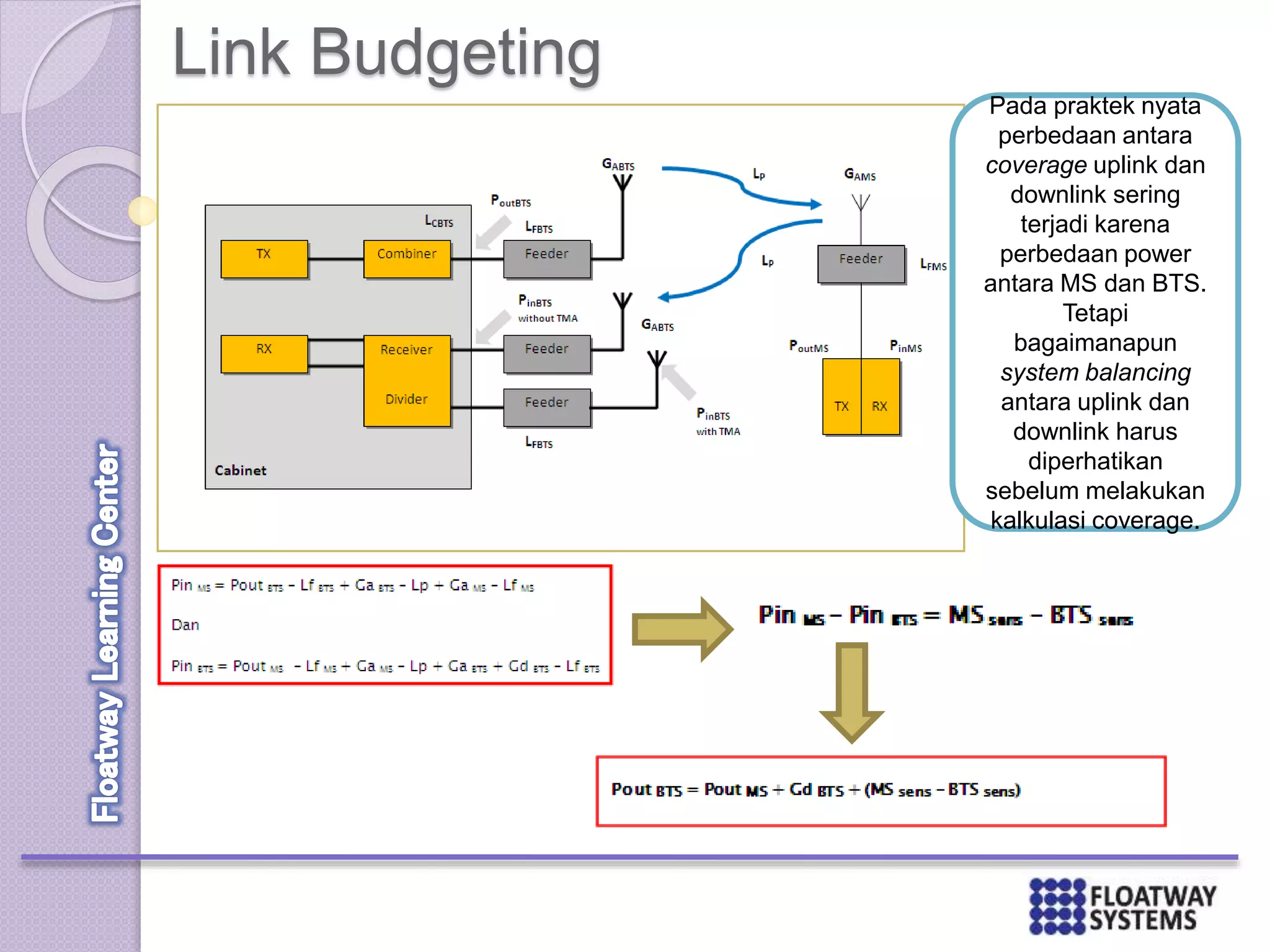 Link Budgeting
Pada praktek nyata
perbedaan antara
coverage uplink dan
downlink sering
terjadi karena
perbedaan power
antara MS dan BTS.
Tetapi
bagaimanapun
system balancing
antara uplink dan
downlink harus
diperhatikan
sebelum melakukan
kalkulasi coverage.
 