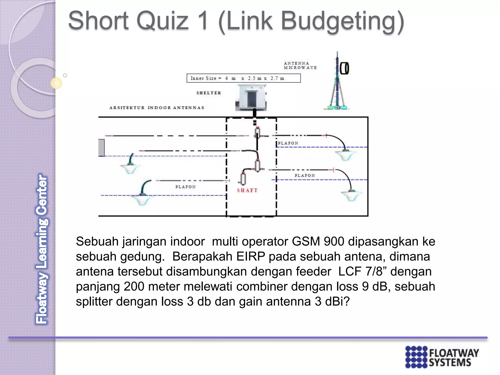 Short Quiz 1 (Link Budgeting)
Sebuah jaringan indoor multi operator GSM 900 dipasangkan ke
sebuah gedung. Berapakah EIRP pada sebuah antena, dimana
antena tersebut disambungkan dengan feeder LCF 7/8” dengan
panjang 200 meter melewati combiner dengan loss 9 dB, sebuah
splitter dengan loss 3 db dan gain antenna 3 dBi?
 
