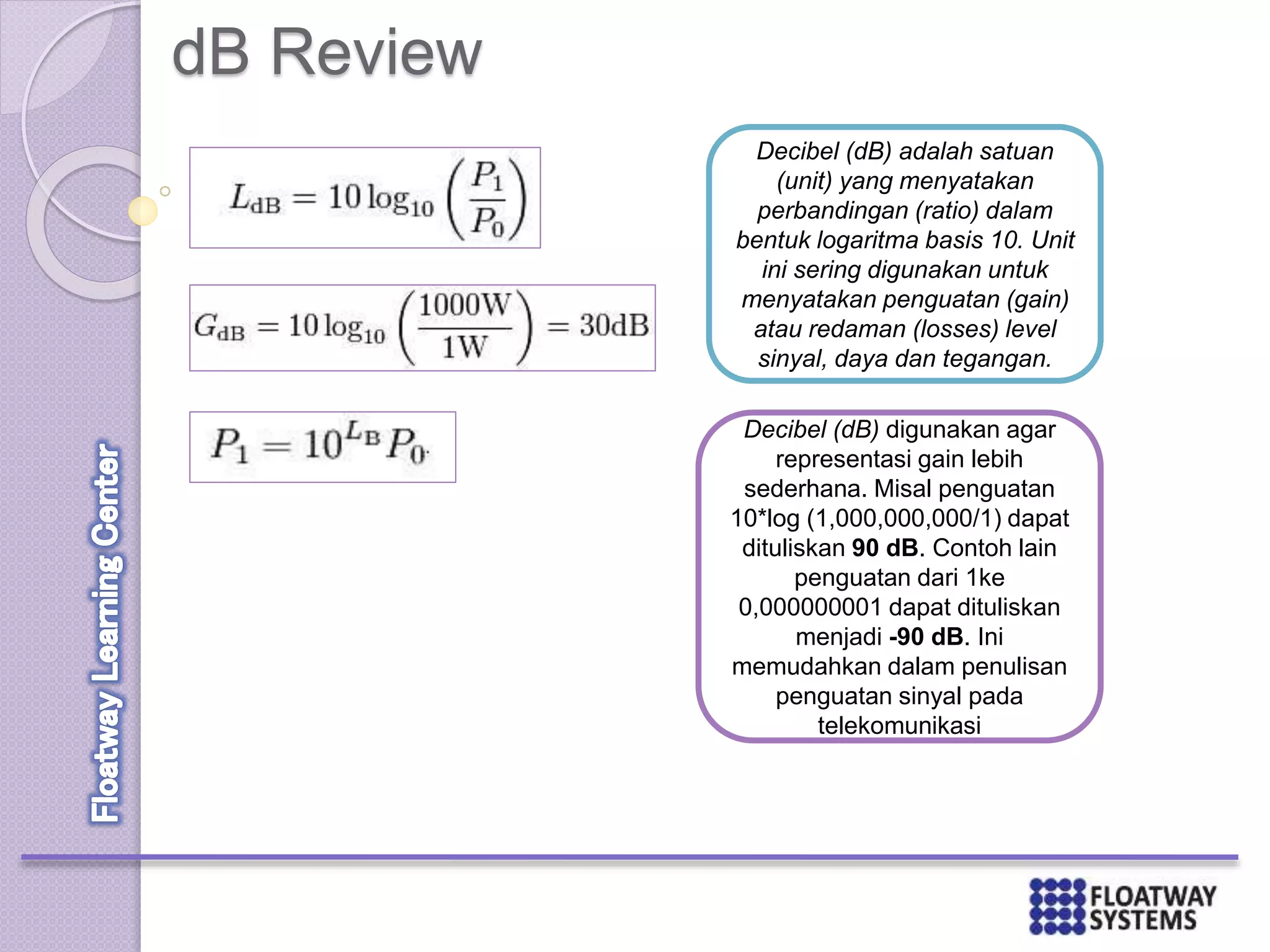 dB Review
Decibel (dB) adalah satuan
(unit) yang menyatakan
perbandingan (ratio) dalam
bentuk logaritma basis 10. Unit
ini sering digunakan untuk
menyatakan penguatan (gain)
atau redaman (losses) level
sinyal, daya dan tegangan.
Decibel (dB) digunakan agar
representasi gain lebih
sederhana. Misal penguatan
10*log (1,000,000,000/1) dapat
dituliskan 90 dB. Contoh lain
penguatan dari 1ke
0,000000001 dapat dituliskan
menjadi -90 dB. Ini
memudahkan dalam penulisan
penguatan sinyal pada
telekomunikasi
 