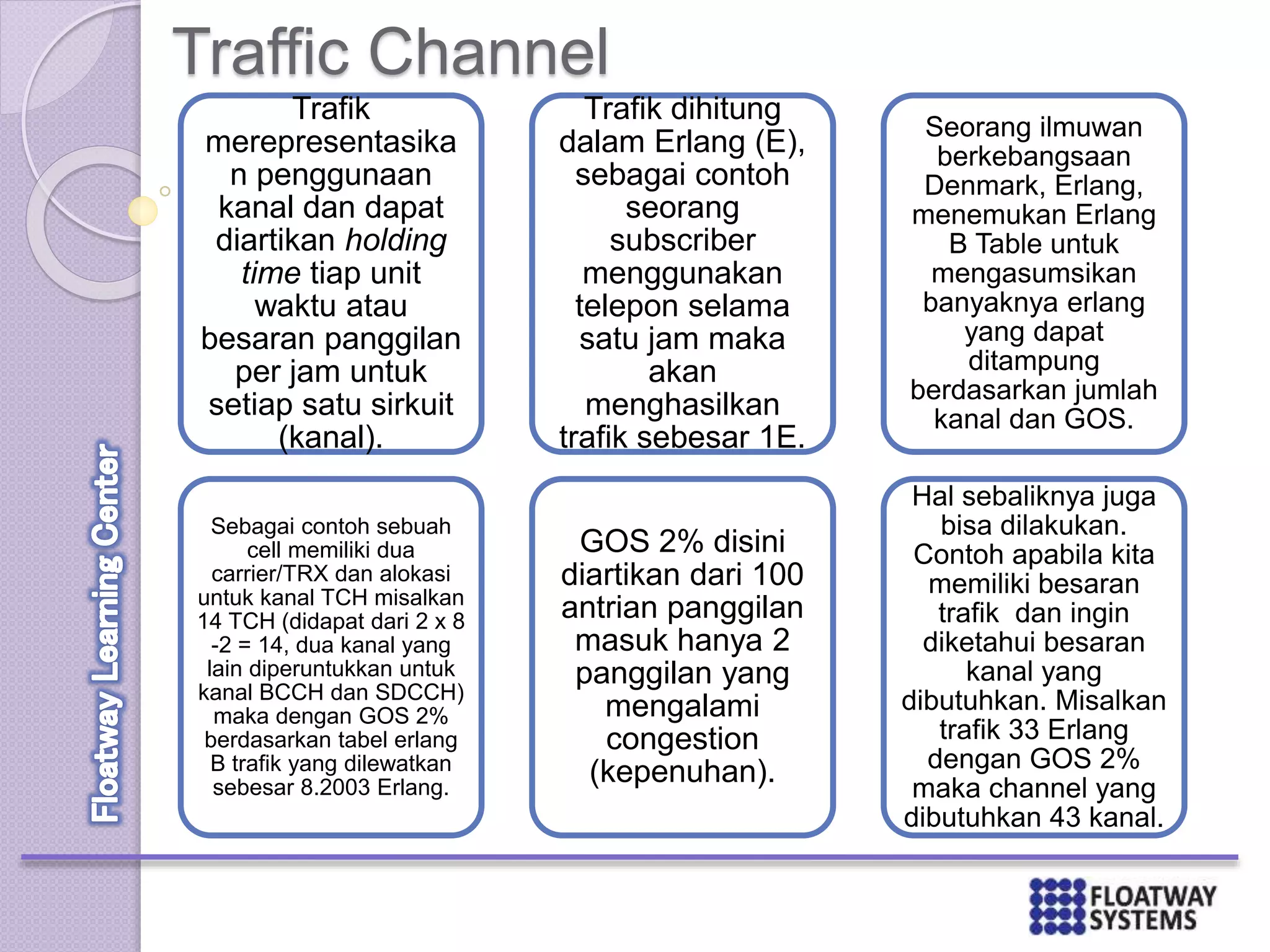 Traffic Channel
Trafik
merepresentasika
n penggunaan
kanal dan dapat
diartikan holding
time tiap unit
waktu atau
besaran panggilan
per jam untuk
setiap satu sirkuit
(kanal).
Sebagai contoh sebuah
cell memiliki dua
carrier/TRX dan alokasi
untuk kanal TCH misalkan
14 TCH (didapat dari 2 x 8
-2 = 14, dua kanal yang
lain diperuntukkan untuk
kanal BCCH dan SDCCH)
maka dengan GOS 2%
berdasarkan tabel erlang
B trafik yang dilewatkan
sebesar 8.2003 Erlang.
Trafik dihitung
dalam Erlang (E),
sebagai contoh
seorang
subscriber
menggunakan
telepon selama
satu jam maka
akan
menghasilkan
trafik sebesar 1E.
GOS 2% disini
diartikan dari 100
antrian panggilan
masuk hanya 2
panggilan yang
mengalami
congestion
(kepenuhan).
Seorang ilmuwan
berkebangsaan
Denmark, Erlang,
menemukan Erlang
B Table untuk
mengasumsikan
banyaknya erlang
yang dapat
ditampung
berdasarkan jumlah
kanal dan GOS.
Hal sebaliknya juga
bisa dilakukan.
Contoh apabila kita
memiliki besaran
trafik dan ingin
diketahui besaran
kanal yang
dibutuhkan. Misalkan
trafik 33 Erlang
dengan GOS 2%
maka channel yang
dibutuhkan 43 kanal.
 